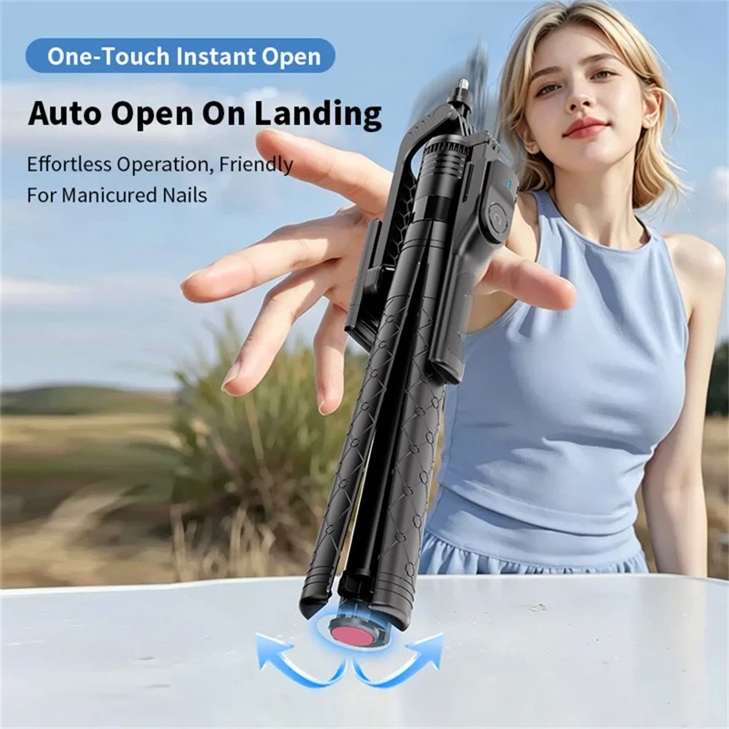 K51 185cm Auto-Open Tripod with Single Phone Holder + A1 Fill Light Bluetooth-compatible Selfie Stick for Live Streaming - Black