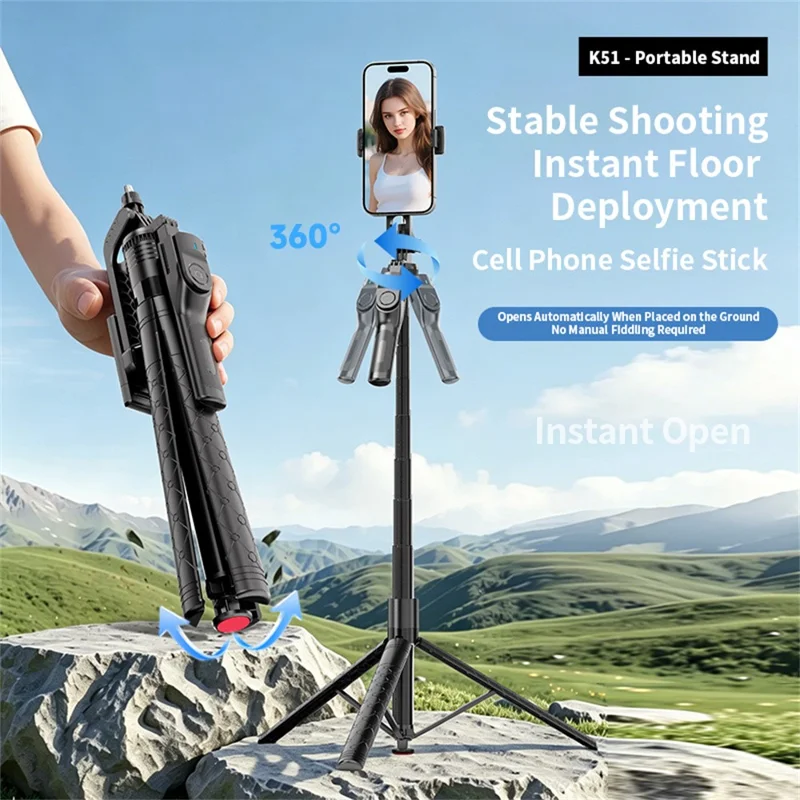 K51 185cm Auto-Open Tripod with Single Phone Holder + A1 Fill Light Bluetooth-compatible Selfie Stick for Live Streaming - Black