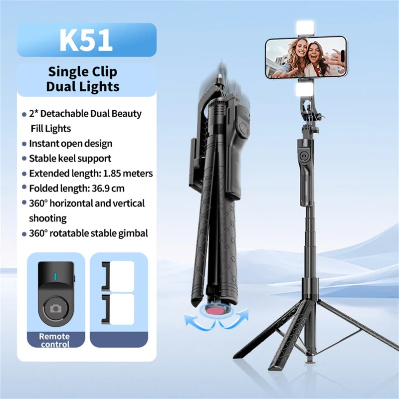 K51 185cm Auto-Open Tripod with Single Phone Holder + 2pcs A1 Fill Light Bluetooth-compatible Selfie Stick for Live Streaming - Black