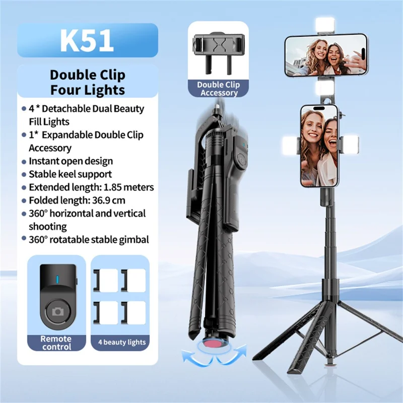 K51 185cm Auto-Open Tripod with Dual Phone Holder + 4pcs A1 Fill Light Bluetooth-compatible Selfie Stick for Live Streaming - Black