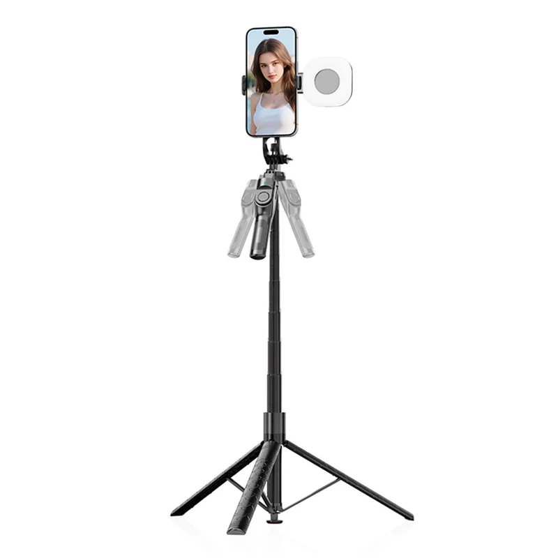 K51 185cm Auto-Open Tripod with Single Phone Holder + A10 Square Fill Light Bluetooth-compatible Selfie Stick - Black