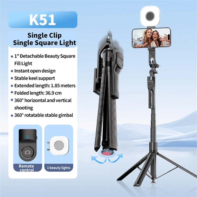 K51 185cm Auto-Open Tripod with Single Phone Holder + A10 Square Fill Light Bluetooth-compatible Selfie Stick - Black