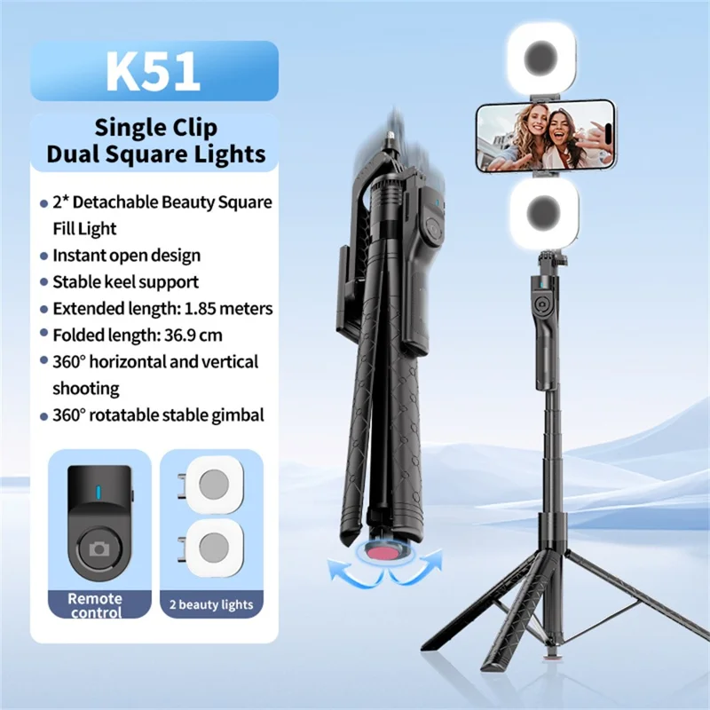 K51 185cm Auto-Open Tripod with Single Phone Holder + 2pcs A10 Square Fill Light Bluetooth-compatible Selfie Stick - Black