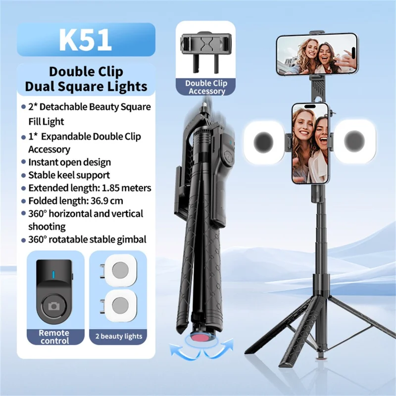 K51 185cm Auto-Open Tripod with Dual Phone Holder + 2pcs A10 Square Fill Light Bluetooth-compatible Selfie Stick - Black