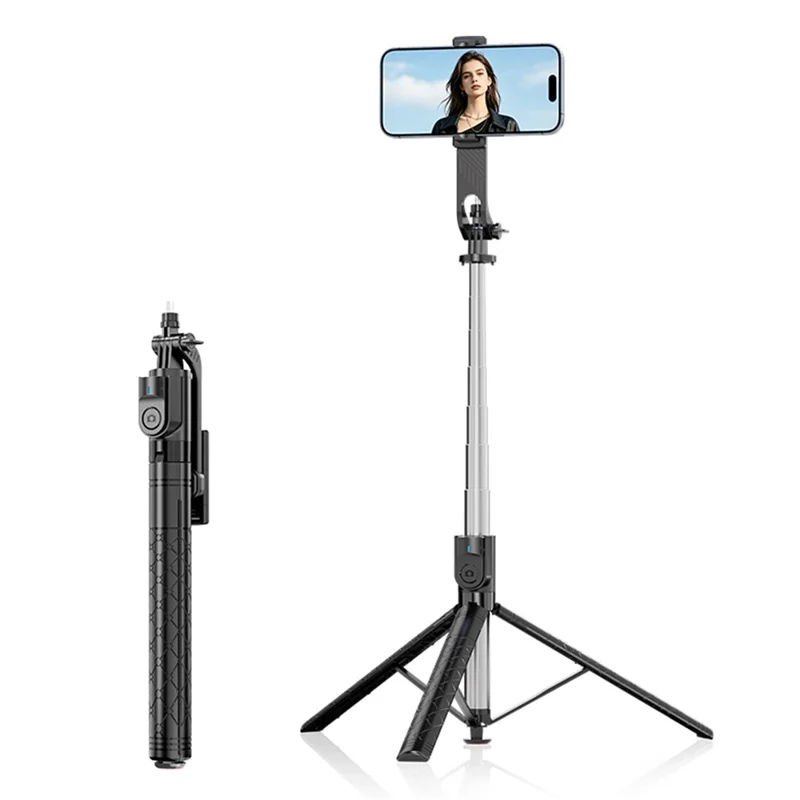 K52 2.08m Extendable Selfie Stick Tripod with Bluetooth-compatible Remote for Outdoor Travel - Black