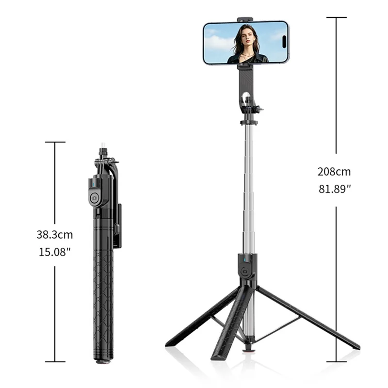 K52 2.08m Extendable Selfie Stick Tripod with Bluetooth-compatible Remote for Outdoor Travel - Black