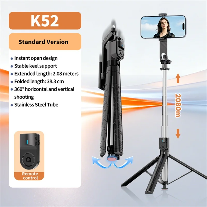 K52 2.08m Extendable Selfie Stick Tripod with Bluetooth-compatible Remote for Outdoor Travel - Black