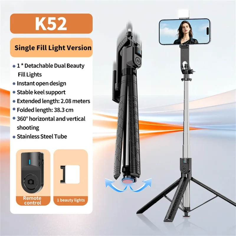 Trépied selfie extensible K52 de 2,08 m avec lampe de remplissage A1 et télécommande compatible Bluetooth - Noir