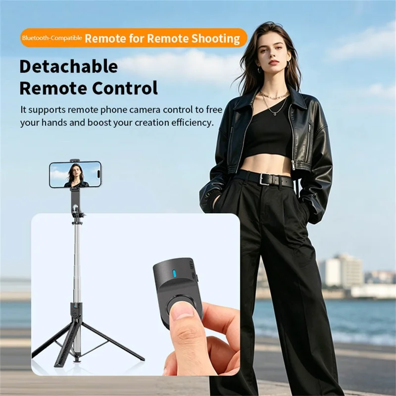 Trépied selfie extensible K52 de 2,08 m avec lampe de remplissage A1 et télécommande compatible Bluetooth - Noir