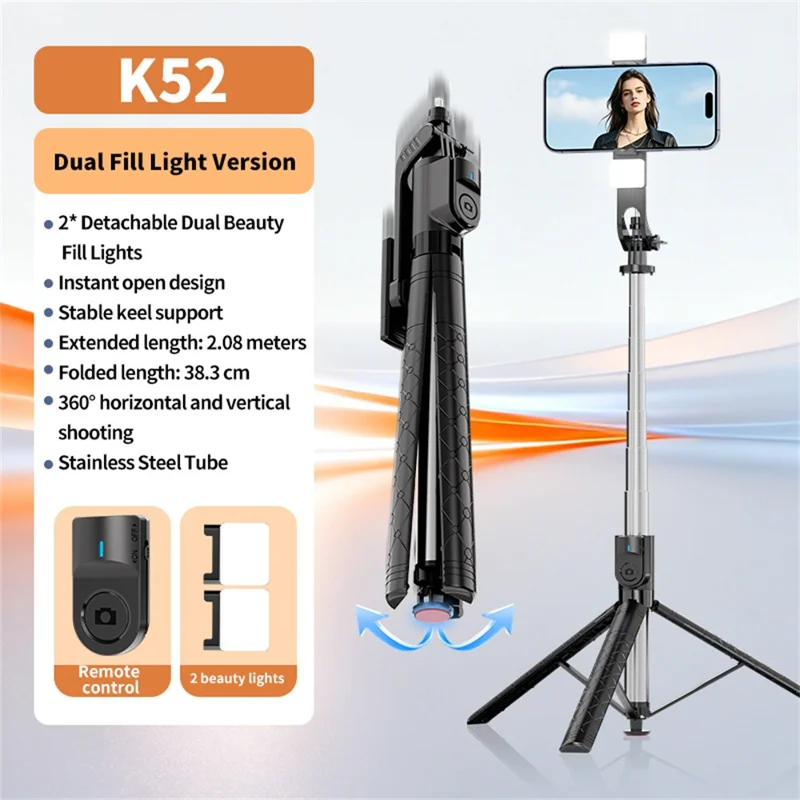 K52 Trépied selfie extensible 2,08 m avec 2 lampes de remplissage A1 et télécommande compatible Bluetooth - Noir
