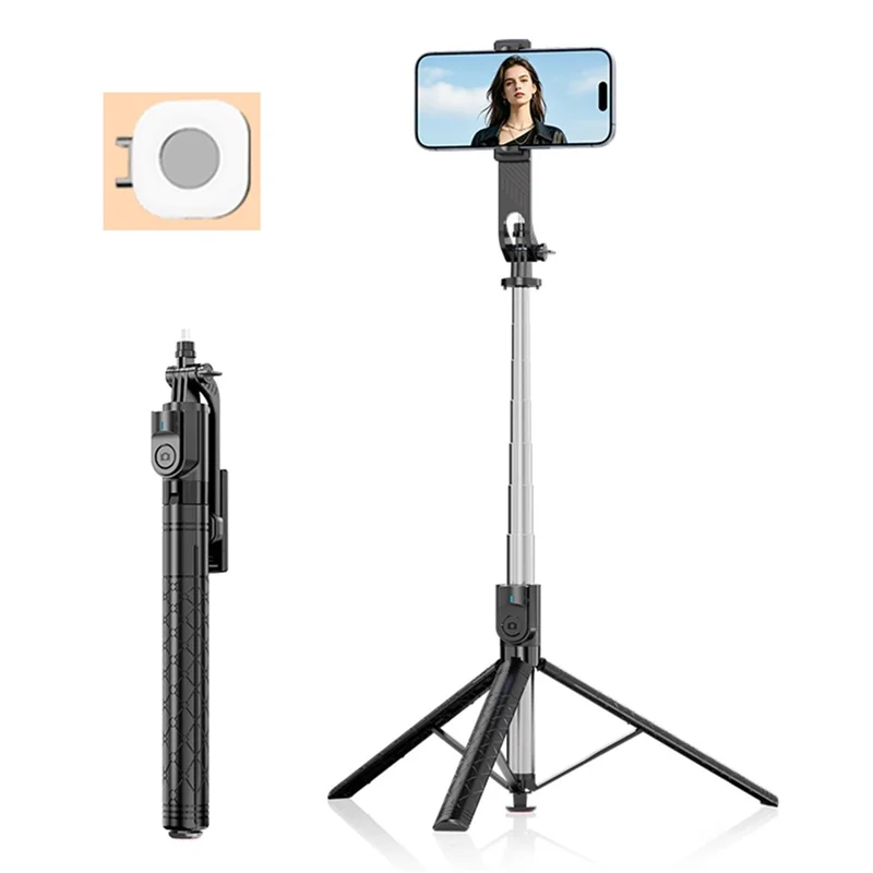 Trépied selfie extensible K52 2,08 m avec 1 lumière de remplissage carrée et télécommande compatible Bluetooth - Noir