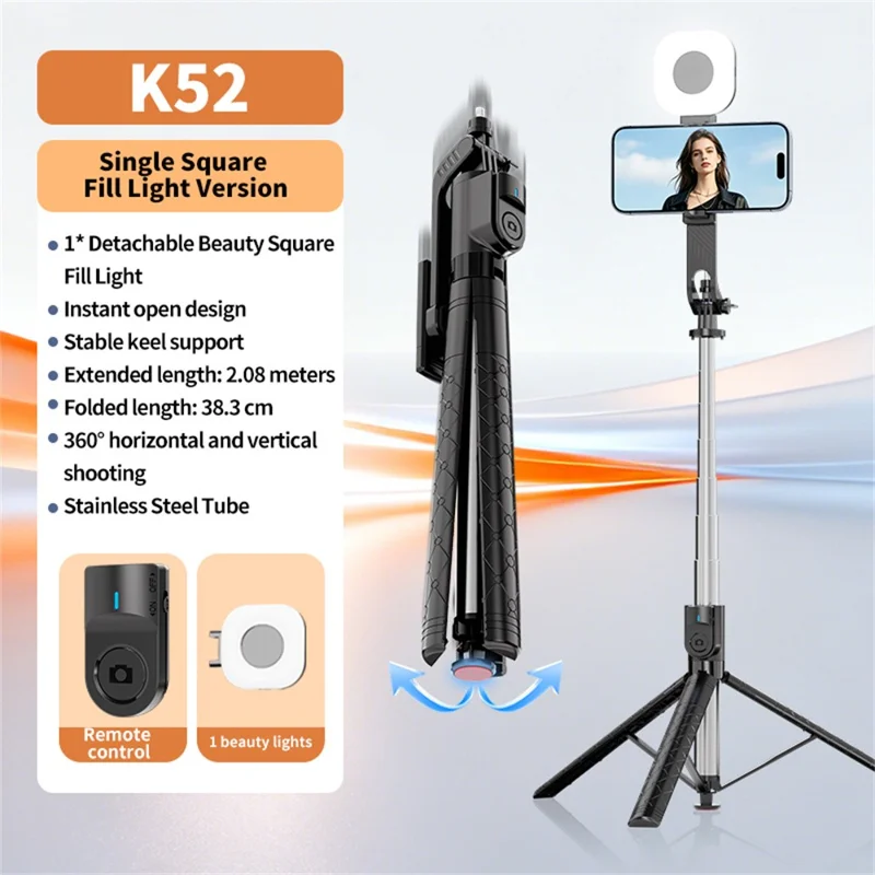 Trépied selfie extensible K52 2,08 m avec 1 lumière de remplissage carrée et télécommande compatible Bluetooth - Noir