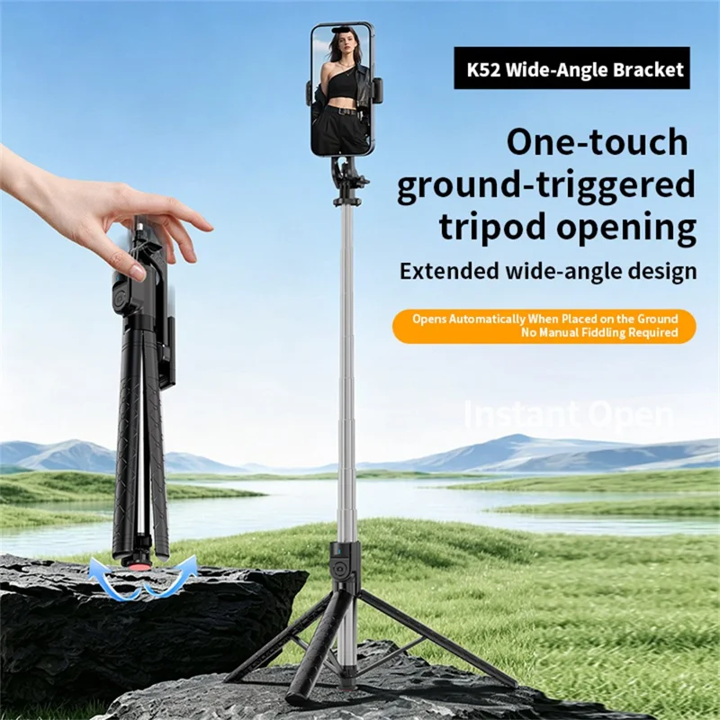 Trépied selfie extensible K52 2,08 m avec 1 lumière de remplissage carrée et télécommande compatible Bluetooth - Noir
