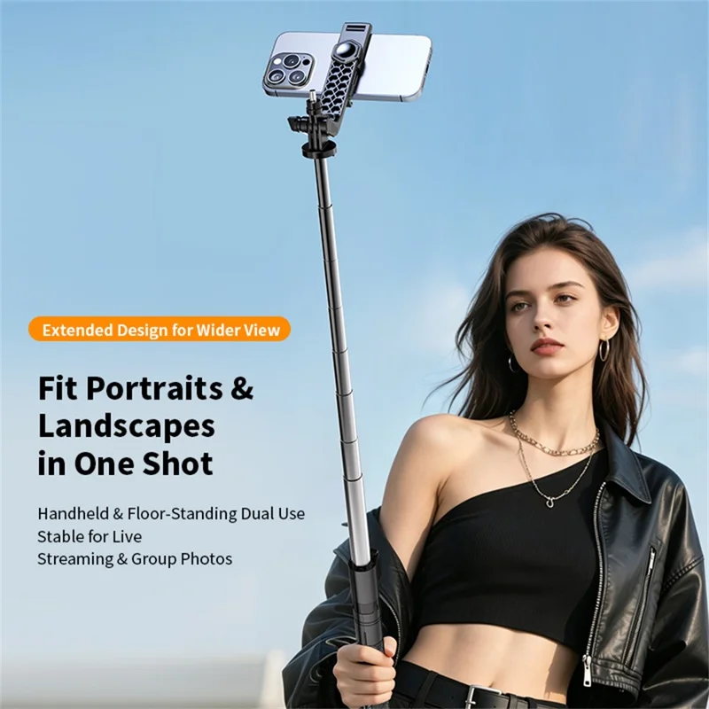 Trépied selfie extensible K52 2,08 m avec 1 lumière de remplissage carrée et télécommande compatible Bluetooth - Noir