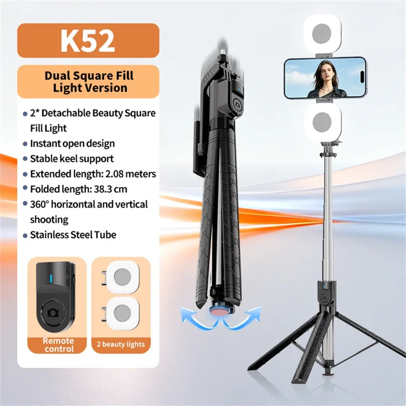K52 Tripé Extensível de 2,08 m com Luz de Preenchimento Quadrada 2Pcs e Controlo Remoto Bluetooth e Compatível - Preto