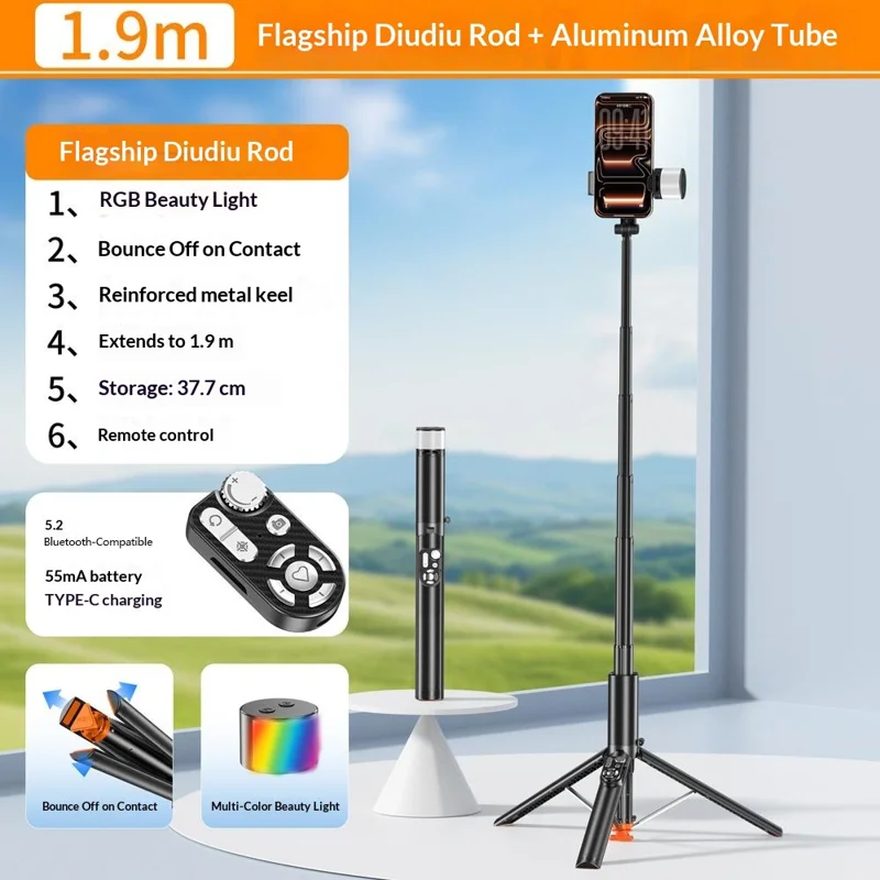P28D 1.9m Selfie Stick Extensible con Trípode de Apertura Automática, Luz de Relleno RGB y Control Remoto Bluetooth para Transmisión en Vivo - Negro