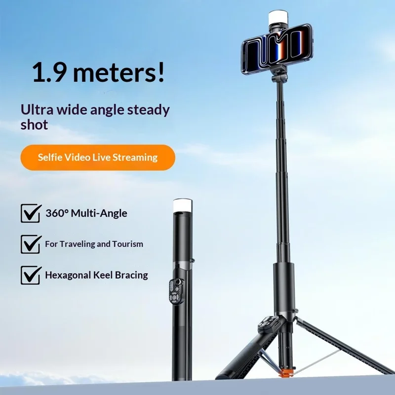 P28D 1.9m Selfie Stick Extensible con Trípode de Apertura Automática, Luz de Relleno RGB y Control Remoto Bluetooth para Transmisión en Vivo - Negro