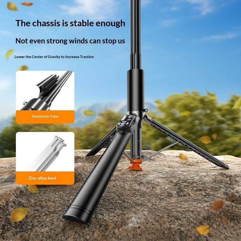 P28D 1.9m Selfie Stick Extensible con Trípode de Apertura Automática, Luz de Relleno RGB y Control Remoto Bluetooth para Transmisión en Vivo - Negro