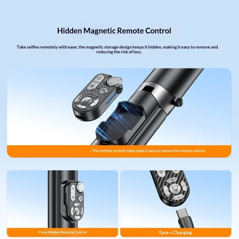 P28D 1.9m Selfie Stick Extensible con Trípode de Apertura Automática, Luz de Relleno RGB y Control Remoto Bluetooth para Transmisión en Vivo - Negro