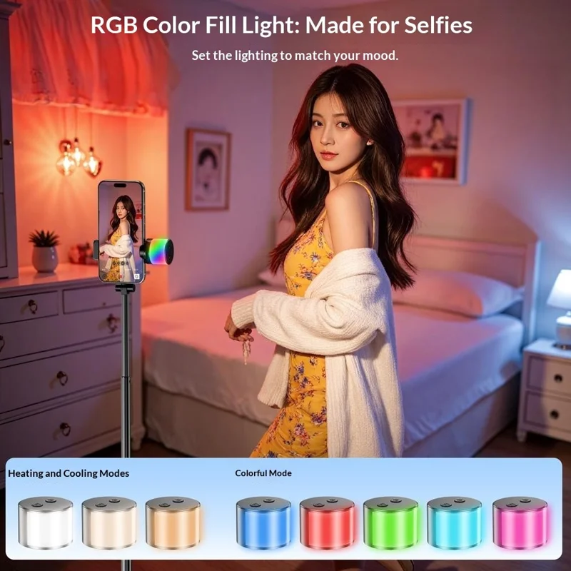 P28D 1.9m Selfie Stick Extensible con Trípode de Apertura Automática, Luz de Relleno RGB y Control Remoto Bluetooth para Transmisión en Vivo - Negro