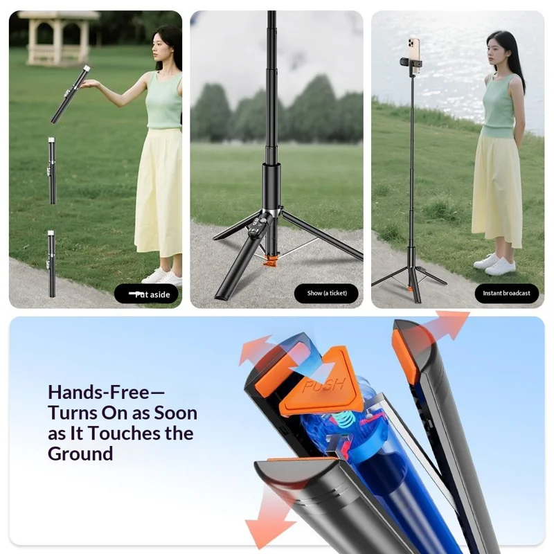 P28D 1.9m Selfie Stick Extensible con Trípode de Apertura Automática, Luz de Relleno RGB y Control Remoto Bluetooth para Transmisión en Vivo - Negro