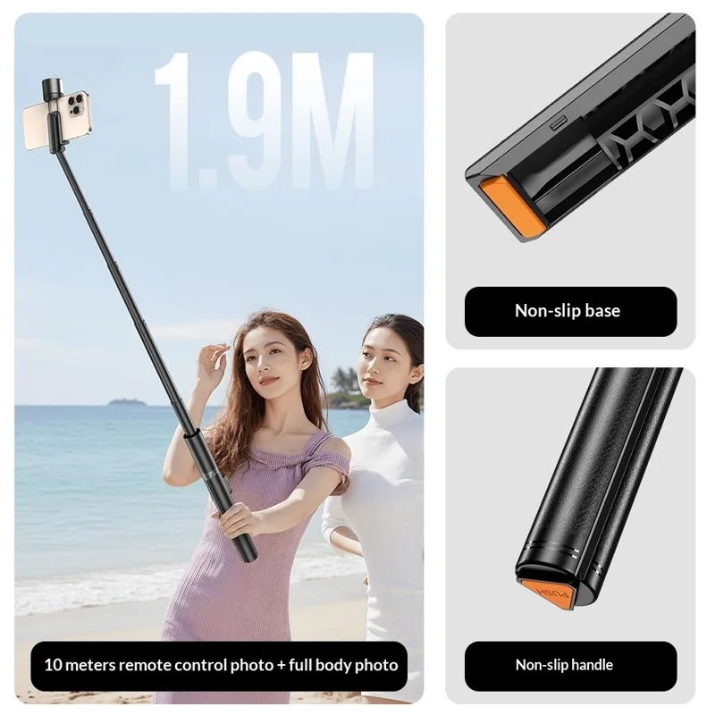 P28D 1.9m Selfie Stick Extensible con Trípode de Apertura Automática, Luz de Relleno RGB y Control Remoto Bluetooth para Transmisión en Vivo - Negro