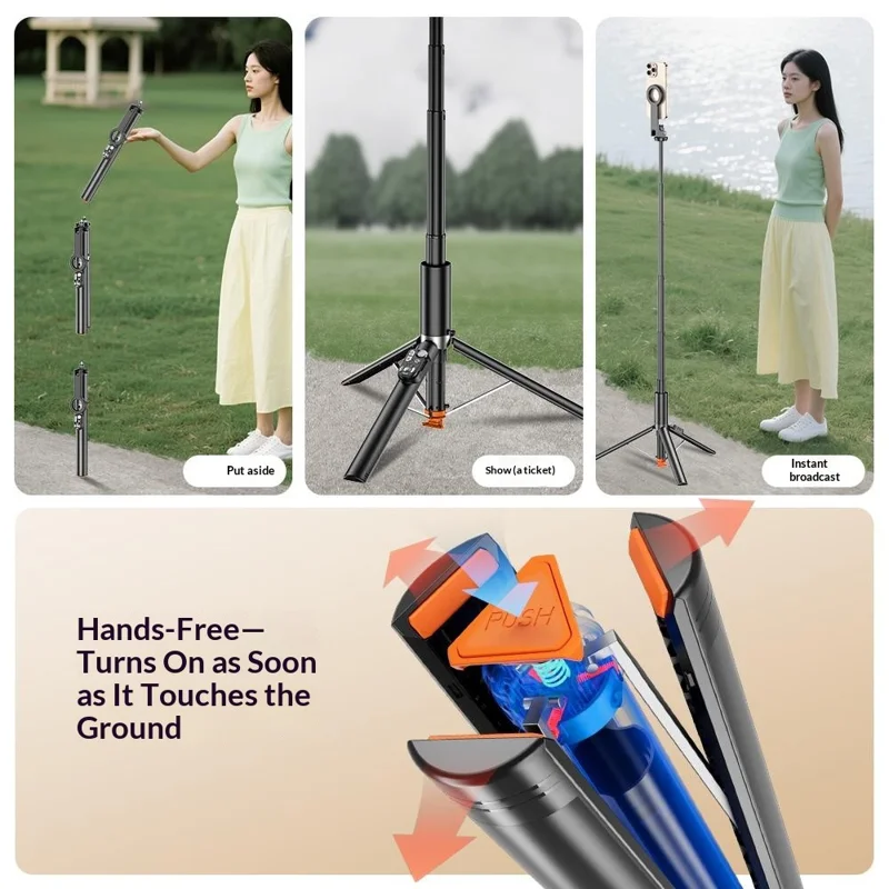 P28MF 1.93m Extendable Auto-Open Tripod Selfie Stick with Magnetic Phone Mount for Live Streaming Photography - Black