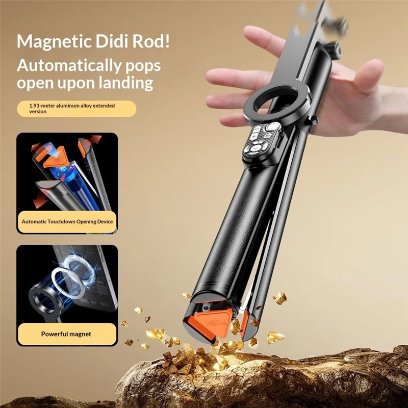 P28MF 1.93m Extendable Auto-Open Tripod Selfie Stick with Magnetic Phone Mount for Live Streaming Photography - Black