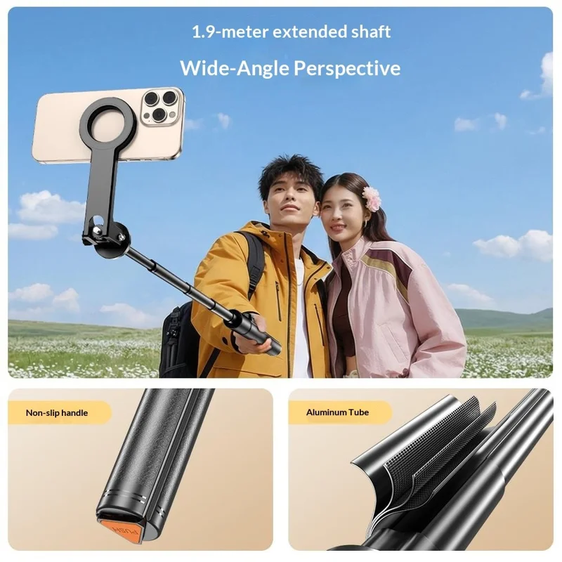 P28MF 1.93m Extendable Auto-Open Tripod Selfie Stick with Magnetic Phone Mount for Live Streaming Photography - Black