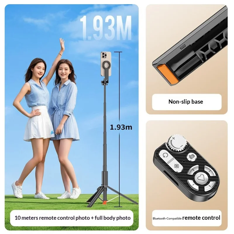 P28MF 1.93m Extendable Auto-Open Tripod Selfie Stick with Magnetic Phone Mount for Live Streaming Photography - Black