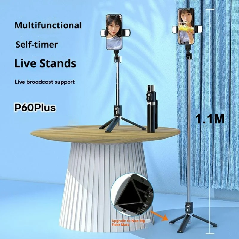 P60 Plus 110cm Extendable Selfie Stick Tripod with Dual Fill Light Bluetooth-compatible 5.2 Remote for Live Streaming Photography - Black