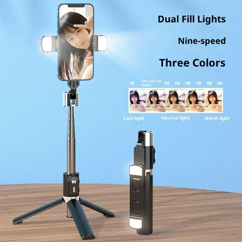 P60 Plus 110cm Extendable Selfie Stick Tripod with Dual Fill Light Bluetooth-compatible 5.2 Remote for Live Streaming Photography - Black