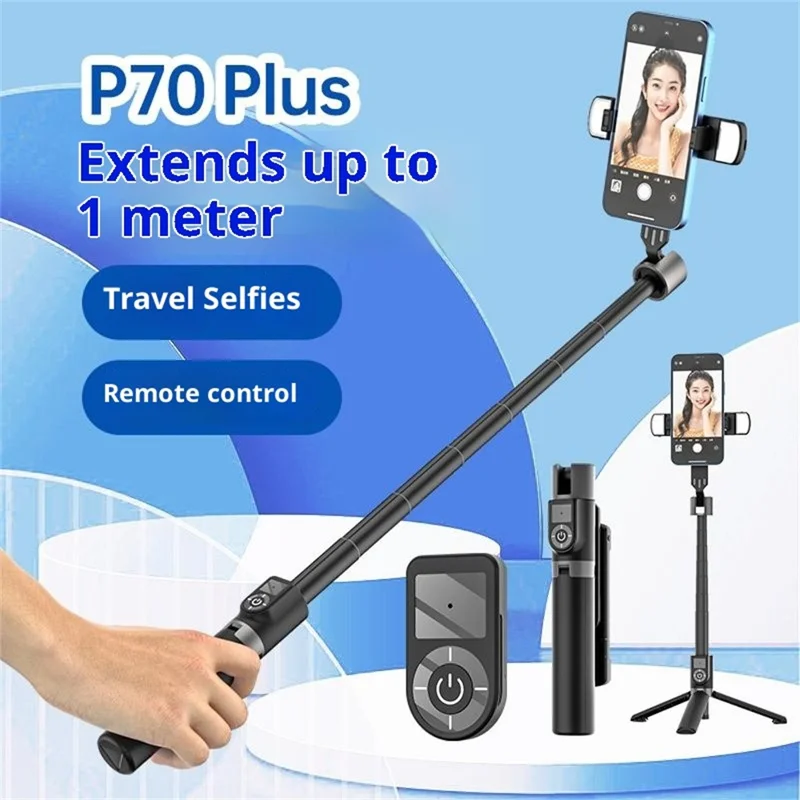 P70 Plus Trépied selfie extensible de 100 cm avec télécommande Bluetooth pour diffusion en direct - Noir
