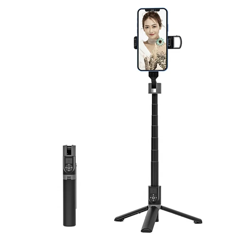 P70 Plus 100 cm udtrækkelig selfiespidsstativ med enkel fyldlys Bluetooth-fjernbetjening til livesending - Sort