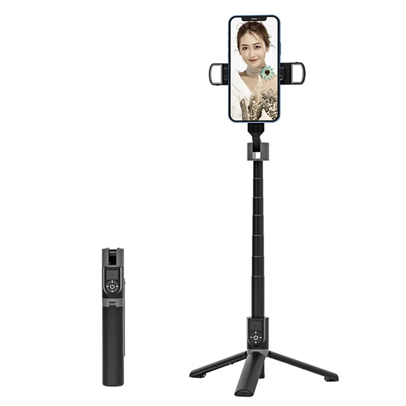 P70 Plus 100cm Extendable Selfie Stick Tripod with Dual Fill Light Bluetooth-compatible Remote for Live Streaming - Black
