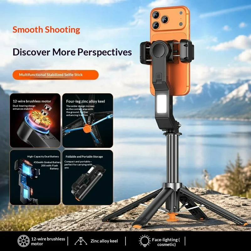 Q41 Single-Axis Selfie Stick Tripod Stabilizer with Fill Light Bluetooth-compatible Remote for Smartphone - Black