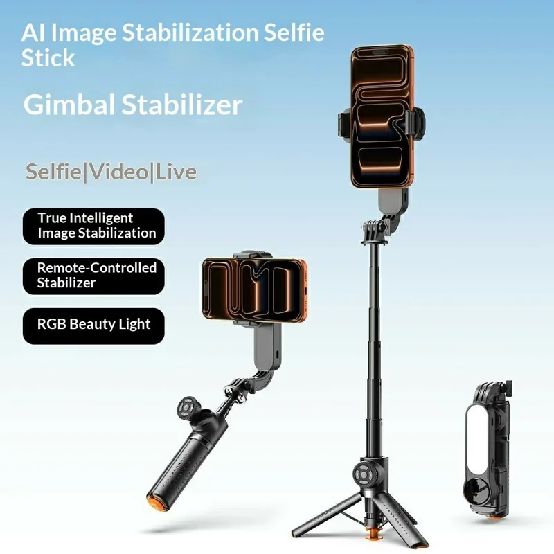 Q43 AI Image Stabilization Selfie Stick Phone Gimbal Stabilizer with RGB Fill Light, Tripod, Remote Control - Black