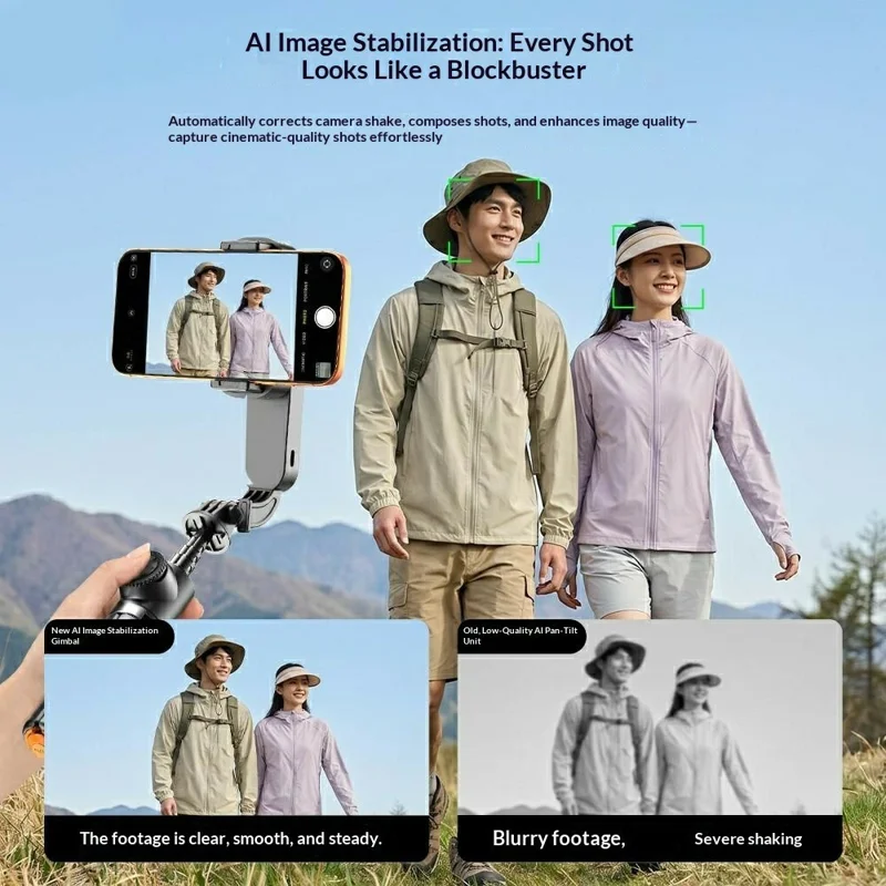 Q43 AI Image Stabilization Selfie Stick Phone Gimbal Stabilizer with RGB Fill Light, Tripod, Remote Control - Black