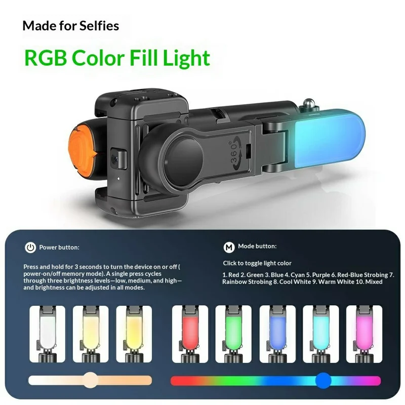 Q51 AI Tracking Selfie Stick Gimbal Stabilizer with RGB Fill Light Gesture Control Tripod for Vlogging Live Streaming - Black