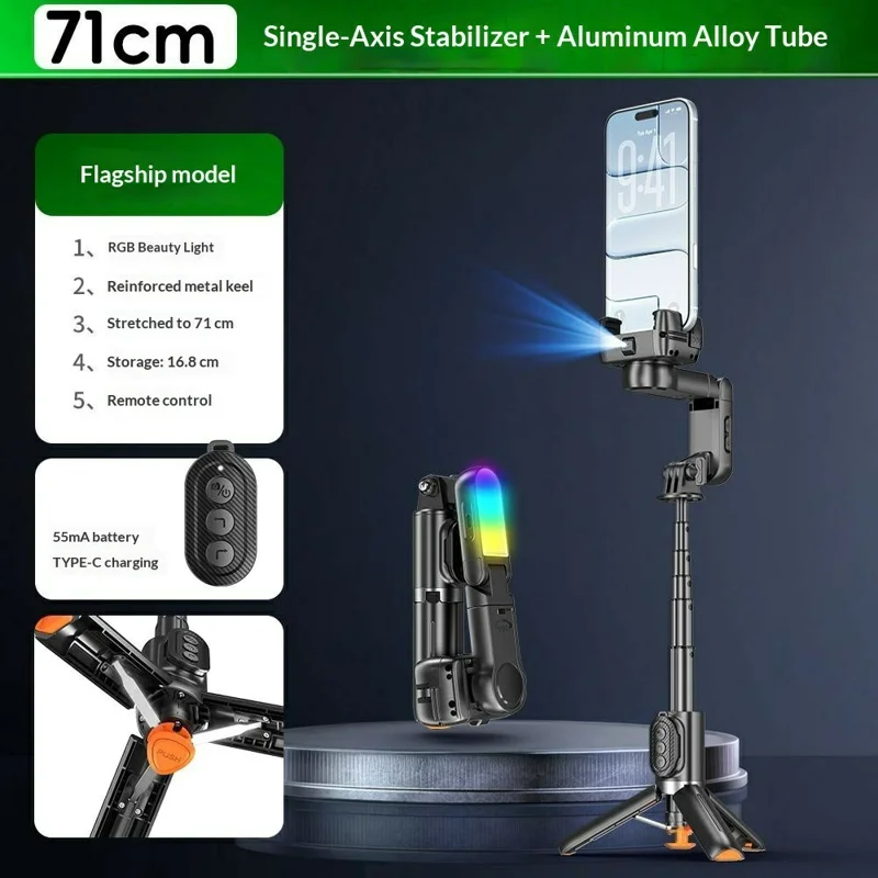 Q51 AI Tracking Selfie Stick Gimbal Stabilizer with RGB Fill Light Gesture Control Tripod for Vlogging Live Streaming - Black