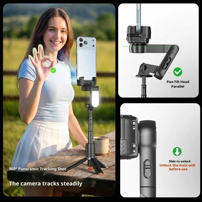 Q51 AI Tracking Selfie Stick Gimbal Stabilizer with RGB Fill Light Gesture Control Tripod for Vlogging Live Streaming - Black
