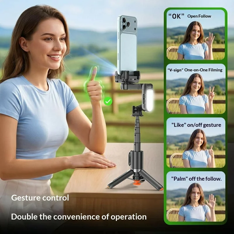 Q51 AI Tracking Selfie Stick Gimbal Stabilizer with RGB Fill Light Gesture Control Tripod for Vlogging Live Streaming - Black