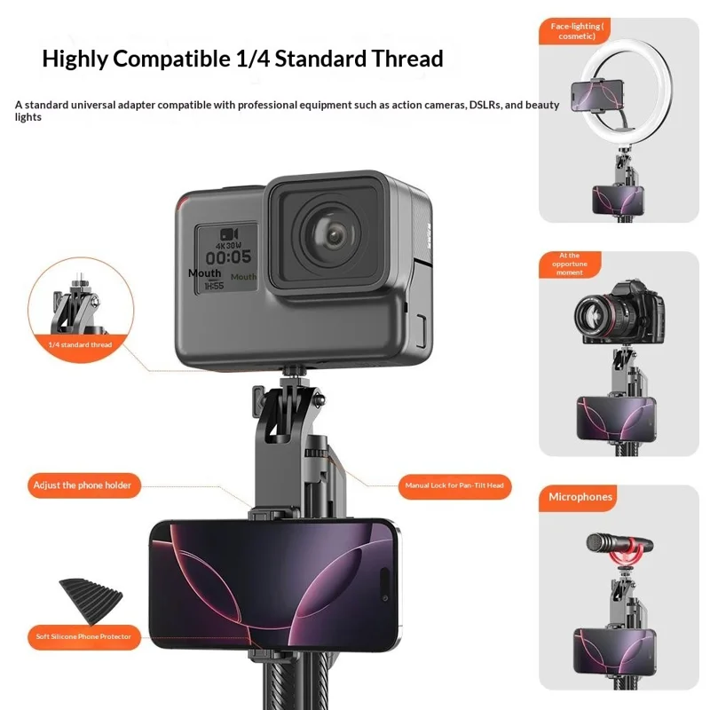 T04 1.77m Selfie Stick Tripod 360-Degree Pan-Tilt Head 1 / 4 Thread Mount for Smartphone Action Camera