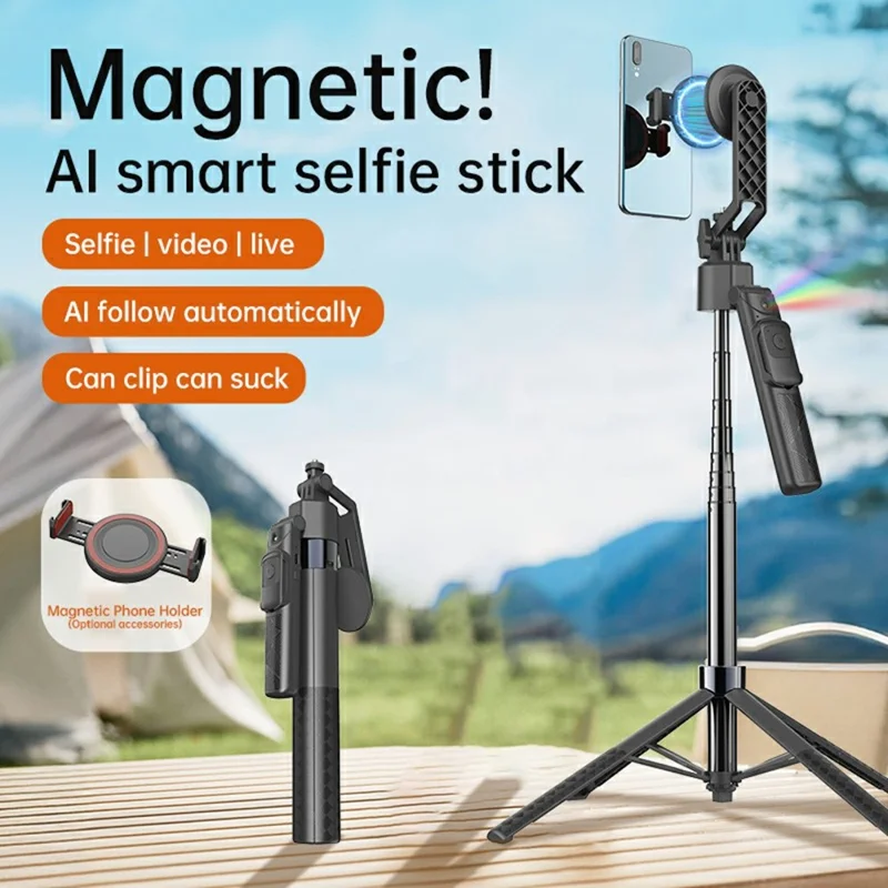 Q17 Pro AI Tracking Gimbal Selfie Stick with Magnetic Phone Holder Gesture Control Stabilizer for Live Streaming - Black
