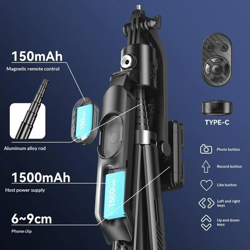 Q13TK Selfie Stick with 1Pc Square Fill Light 360° Face Tracking Anti-Shake Bluetooth-compatible 5.2 Remote - Black