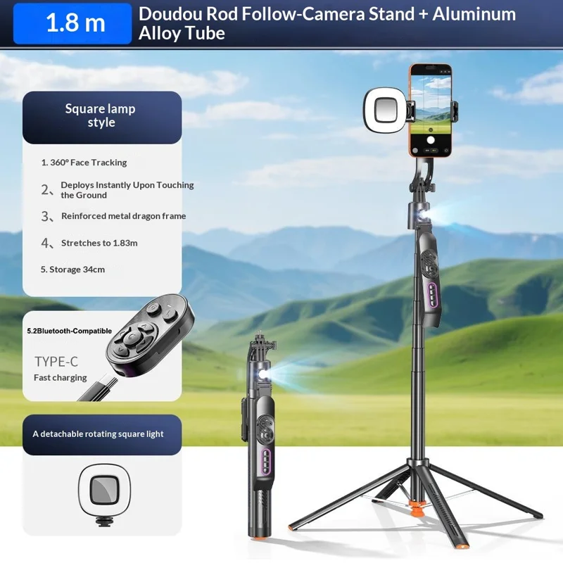 Q13TK Selfie Stick with 1Pc Square Fill Light 360° Face Tracking Anti-Shake Bluetooth-compatible 5.2 Remote - Black