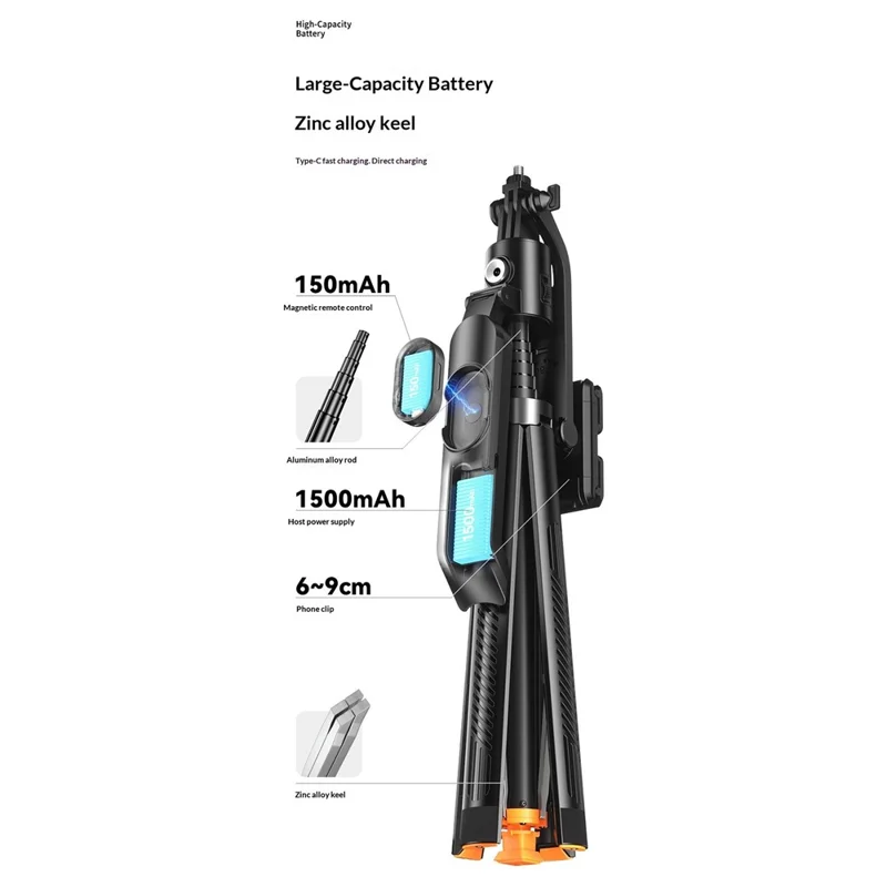 Q13TK Selfie Stick with 2Pcs Square Fill Light 360° Face Tracking Anti-Shake Bluetooth-compatible 5.2 Remote - Black