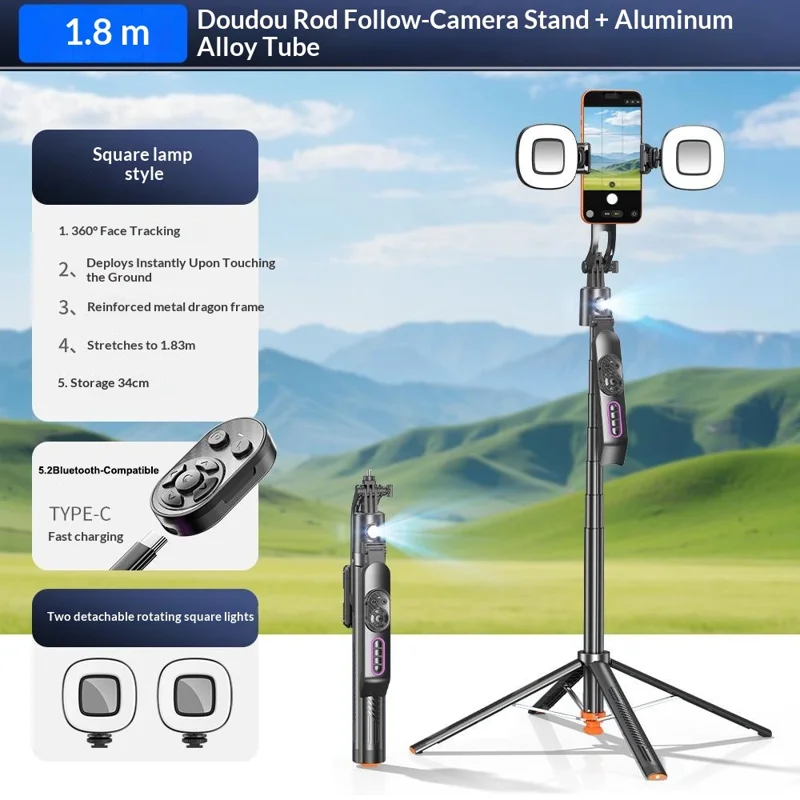 Q13TK Selfie Stick with 2Pcs Square Fill Light 360° Face Tracking Anti-Shake Bluetooth-compatible 5.2 Remote - Black