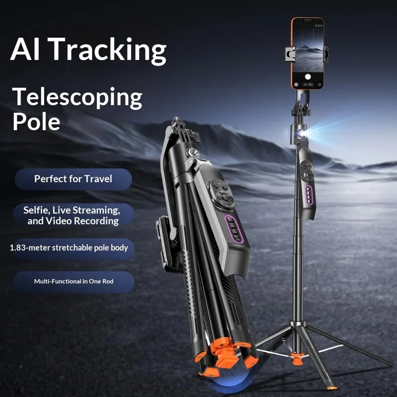 Q13TK Selfie Stick with 2Pcs Square Fill Light 360° Face Tracking Anti-Shake Bluetooth-compatible 5.2 Remote - Black