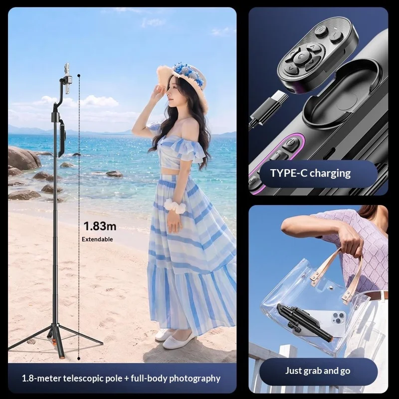 Q13TK Selfie Stick with 2Pcs Square Fill Light 360° Face Tracking Anti-Shake Bluetooth-compatible 5.2 Remote - Black